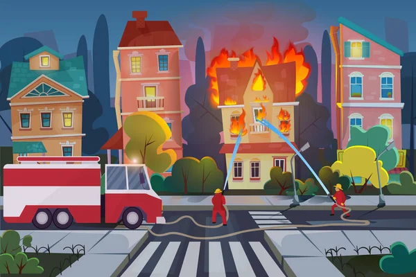 Bomberos con camión de bomberos extinguen casa civil en la ciudad. Concepto de Desastre Natural ilustración vectorial de dibujos animados . — Vector de stock