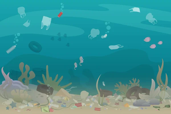 Lixo poluição plástica sob o mar com diferentes tipos de lixo garrafas de plástico, sacos, resíduos. Eco, conceito de poluição da água. Lixo no oceano ilustração vetorial plana . —  Vetores de Stock