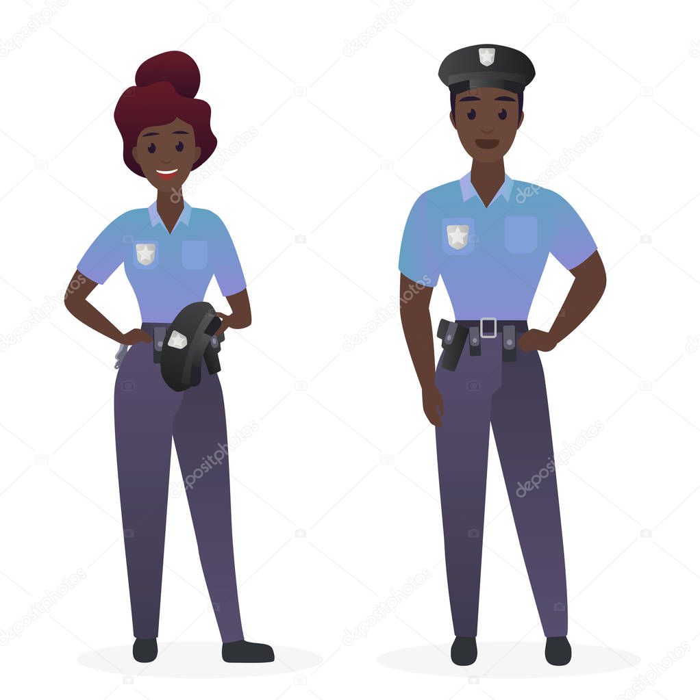 Police officers couple in uniform standing together vector illustration.