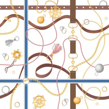 Zincirler, yüzükler ve takılar altın aksesuarlar vektör çizim ile Seamless modeli.