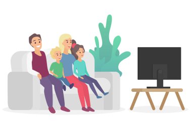 Mutlu aile ev düz vektör çizim, kanepe kanepede oturup Tv izlerken.