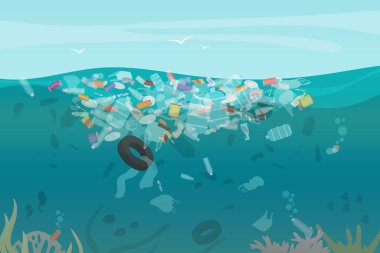 Plastik kirliliği çöp sualtı deniz çöp - plastik şişe, çanta, farklı tür suda yüzen atıklar. Deniz okyanus su kirliliği kavramı vektör çizim.