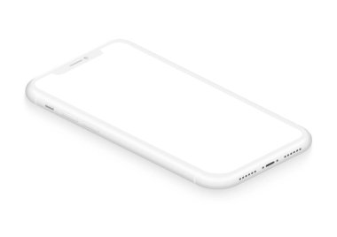 Infographic, görsel UI, ticari app gösteri vektör çizim için gerçekçi izometrik beyaz çerçevesiz smartphone mockup perspektif görünüm.