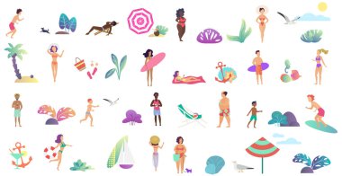 Beach tatil yaz insan aktiviteleri ayarlayın. Dans, sörf, oynarken, yemek, güneşlenme, sörf ve poz vektör illüstrasyon izole.