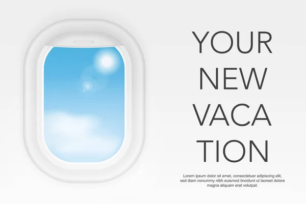 Uçaktan görüntüleyin. Uçak uçuş iç pencere. Tatil gidilecek kavramı. Yeni tatil. — Stok Vektör