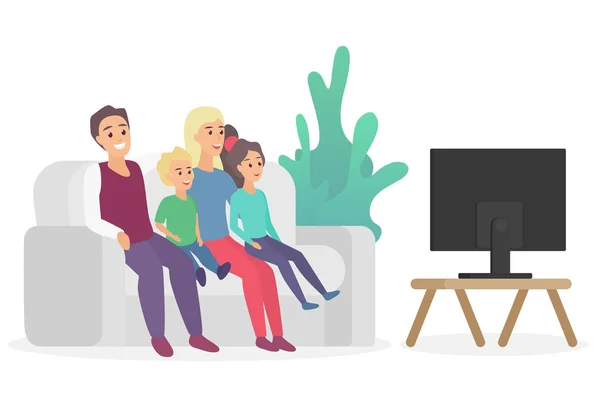 Ευτυχισμένη οικογένεια βλέποντας τηλεόραση καθισμένος στον καναπέ καναπέ στο σπίτι επίπεδη διανυσματικά εικονογράφηση. — Διανυσματικό Αρχείο