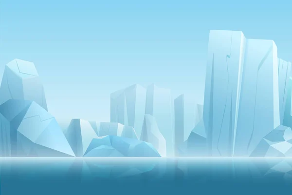 Paisaje ártico de invierno con iceberg en agua pura azul oscuro y montañas de nieve colinas en suave niebla blanca vector ilustración . — Vector de stock