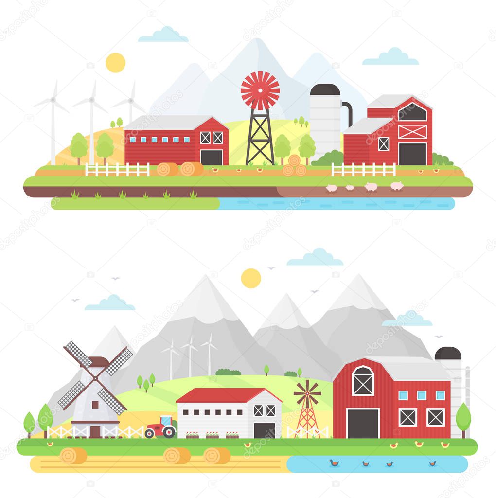 Agriculture agribusiness and Farming concept. Rural farm landscape vector illustration.