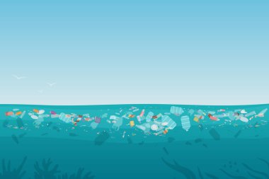 Plastik kirliliği çöp çöp - plastik şişe, çanta, farklı tür deniz yüzeyindeki su içerisinde yüzen atıklar. Deniz okyanus su kirliliği arka plan kavramı vektör çizim.