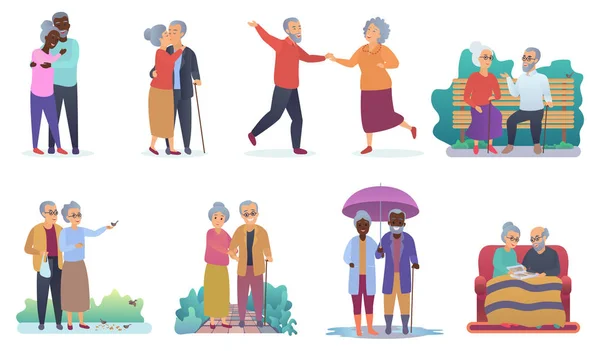 Estilo de vida activo viejos abuelos. Personajes de personas mayores. Dibujos animados ancianos actividades familiares ilustración vectorial aislado . — Vector de stock