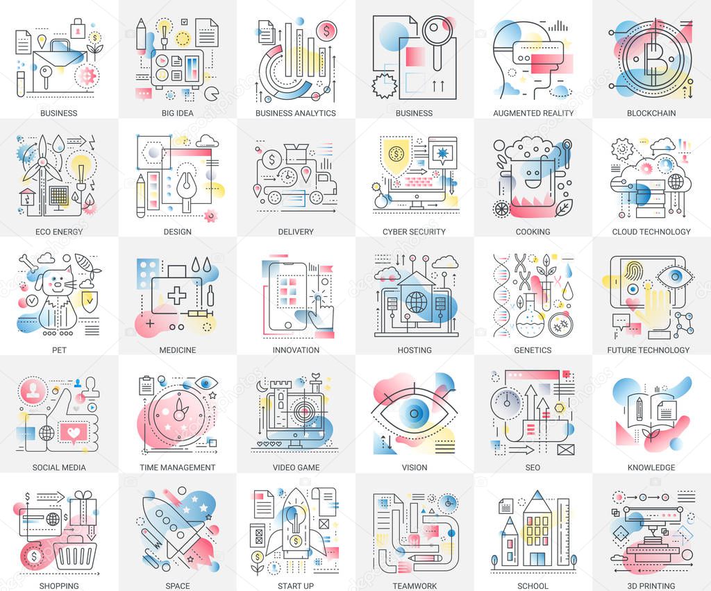 Future technology, business, cyber security, knowledge, online education, management, teamwork, social media, hosting, shopping, cloud data, startup concept complex gradient flat line vector icons.