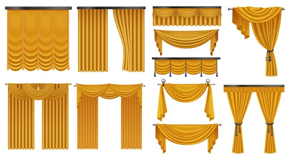 Cortinas de lujo de oro y cortinas decoración interior conjunto aislado vector ilustración . — Archivo Imágenes Vectoriales