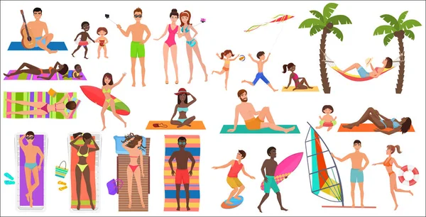 Verano playa de dibujos animados relajante personas actividades conjunto vector ilustración . — Archivo Imágenes Vectoriales