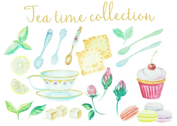 L'heure du thé. Tasses à aquarelle vintage, cuillères, fleurs, gâteaux, biscuits collection de détails élevés. Ensemble aquarelle de plats pour ensemble restaurant, dessin à l'aquarelle graphique . — Image vectorielle