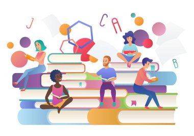 Oku kitap kavramı. Eğitim, okul, çalışma ve edebiyat insanlar. Kitap festival logo vektör Illustration.