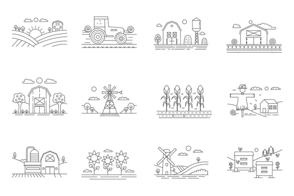 Granja y campos de cultivo iconos de línea delgada aislados. Agricultura y Agricultura esquema concepto vector ilustración . — Vector de stock