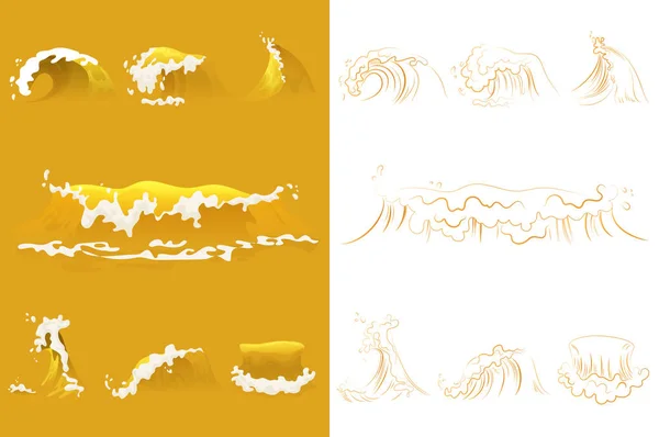 Vector uppsättning olika tecknade lyx guld havet eller ocean waves med skum. — Stock vektor