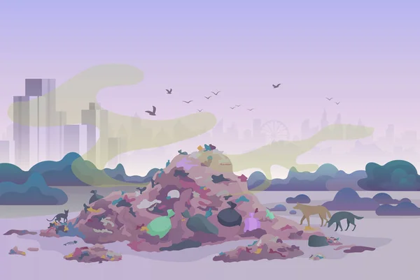 Puzzolente rifiuti puzzolenti discarica discarica con gatti e cani e skyline della città sullo sfondo vettoriale illustrazione . — Vettoriale Stock