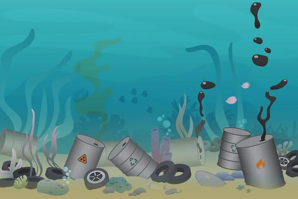 プラスチック、タイヤ、海の下で有害なバレル汚染図ゴミ ベクトル イラスト。海と海洋の生態系汚染概念. — ストックベクタ