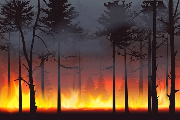 Realistische silhouet wildvuur forest fire ramp landschap vectorillustratie. — Stockvector