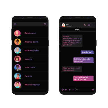 Sosyal ağ Messenger kavramı vektör çizim. Messenger koyu siyah trendy sohbet app arabirimi. Temiz, mobil UI tasarım.