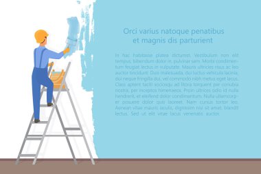 Adam bir renk duvar boyama boya silindiri ile dekoratör ressam. Yükseltme ve işlem kavramı onarmak. Web sitesi yeniden yapılanma vektör çizim.