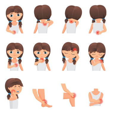 Vücut parçaları ağrı, çocuk hastalıkları Infographic ayarlayın. Küçük kız çocuk ağrı vücut düz vektör çizim sayfasının farklı bölümlerinde hissediyor.