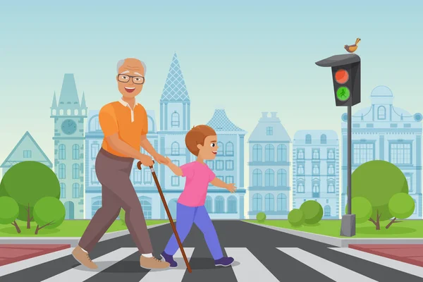Pomoc starší starý muž. Malý chlapec pomáhá starý muž přes silnici v městě vektorové ilustrace. — Stockový vektor