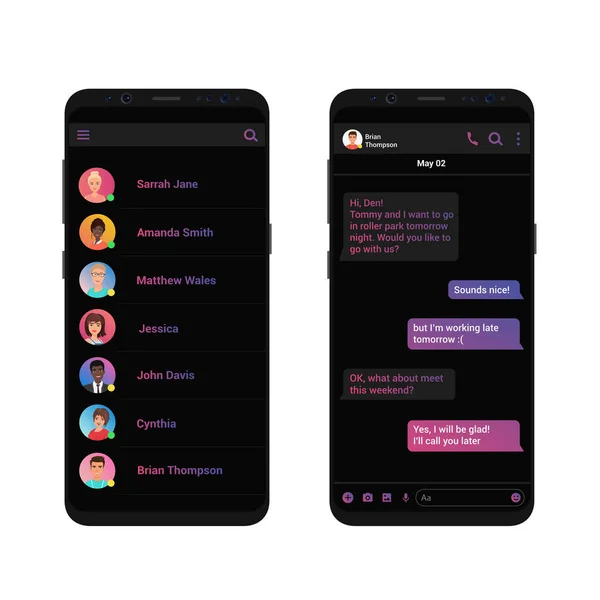 Social Network Messenger Konzept Vektor Illustration. Messenger dunkelschwarz trendige Chat-App-Schnittstelle. sauberes mobiles ui design. — Stockvektor