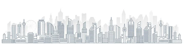Flache Linie Stadtbild-Panorama. Immobilien und Stadtbau skizzieren Header-Konzept mit modernen Wolkenkratzern Vektor-Illustration. — Stockvektor