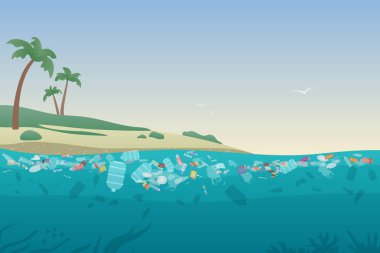 Deniz kirli su çöpte. Çöp ve plastik ile kirli okyanus plaj kum ve su yüzey vektör illüstrasyon kavramı altında.