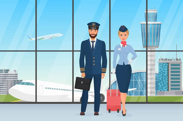 Sonriente piloto personal del aeropuerto y azafata de pie ante la vista al despegar avión y torre de observación ilustración vector de dibujos animados . — Vector de stock