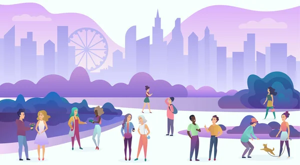 Grupo de personas que disfrutan del tiempo, caminar, comunicarse, divertirse, cita, hablar, reír en la ilustración vectorial de dibujos animados de la ciudad de la noche . — Vector de stock