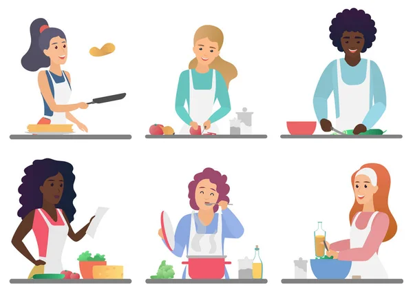 Cartone animato persone carine felici cucinare insieme isolato vettoriale illustrazione . — Vettoriale Stock