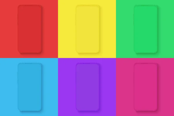 Иконки смартфонов, установленные на различных ярких цветах квадратного фона для инфографики, визуального уи, рекламы, рекламы, векторной иллюстрации приложения . — стоковый вектор