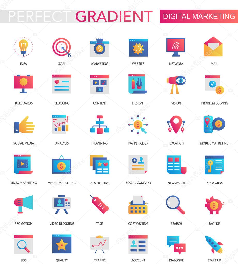 Vector set of trendy flat gradient Digital internet social media marketing icons.