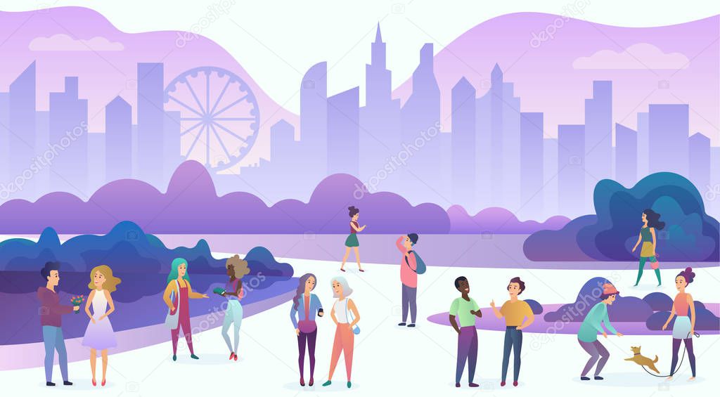Group of people enjoying time, walking, communicating, have fun, date, talk, laugh in the evening city cartoon vector illustration.