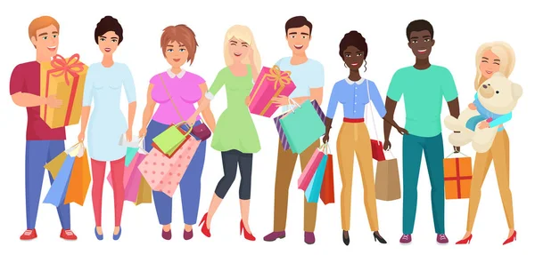 Happy Birthday. Sale in shopping mall. The group of young people friends with purchases and gifts. Congratulations to a friend vector illustration. — Stock Vector