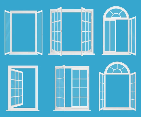 Белые деревянные пластиковые реалистичные окна с прозрачной стеклянной векторной иллюстрацией . — стоковый вектор
