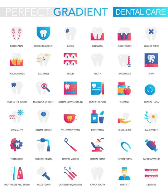 Ensemble vectoriel d'icônes de soins dentaires à dégradé plat tendance . — Image vectorielle
