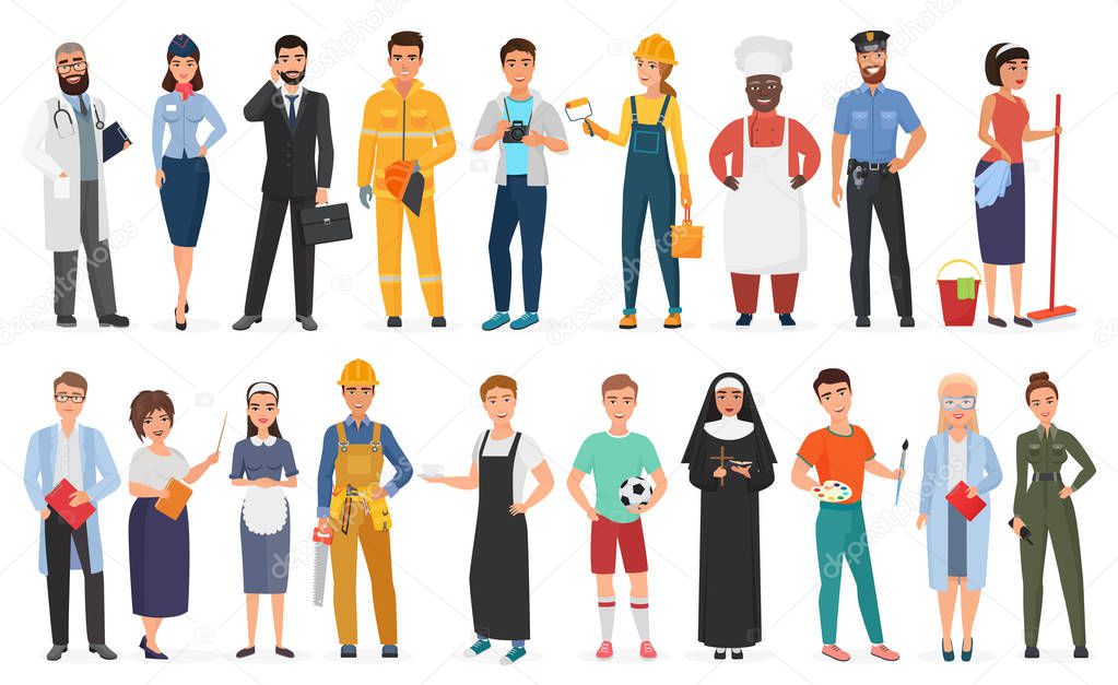 Collection of men and women people workers of various different occupations or profession wearing professional uniform set vector illustration