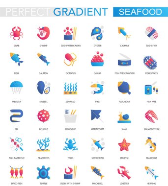 Trendy daire degrade deniz ürünleri simgeler vektör kümesi.