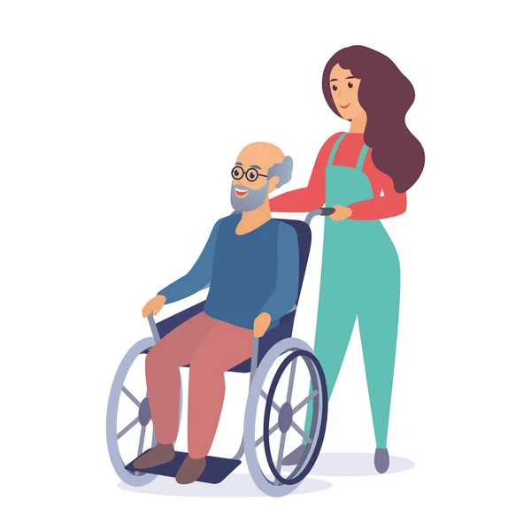 Jovem assistente social passeando com o velho homem idoso em cadeira de rodas desenho animado ilustração vetor . — Vetor de Stock
