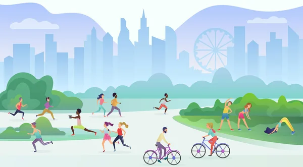 Fysieke sport buiten activiteit in de stad openbaar park. Mensen lopen, fietsen en yoga doen. Sport en fitness, gezonde levensstijl concept vectorillustratie. — Stockvector