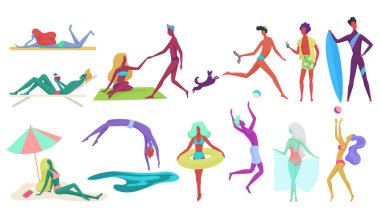 Küçük insanların ve çiftler tatil kümesi plaj. Yaz seyahat tatil ve plaj rahatlatıcı ve aktif spor aktiviteleri vektör illüstrasyon izole.