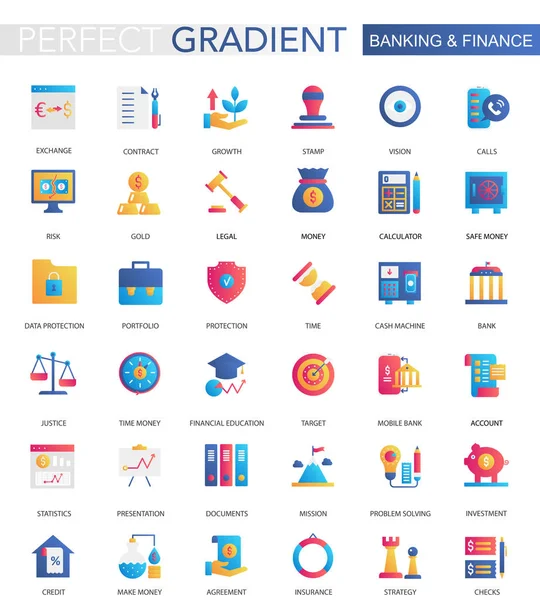 Conjunto vectorial de iconos de financiación bancaria de gradiente plano de moda . — Archivo Imágenes Vectoriales