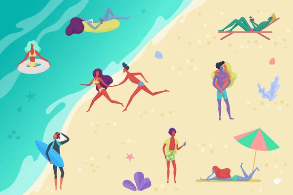 Personas en la playa que relajan y realizan actividades al aire libre - tomar el sol, leer libros y hablar, correr y caminar, surfear y nadar en el mar o el océano vista superior vector ilustración . — Archivo Imágenes Vectoriales