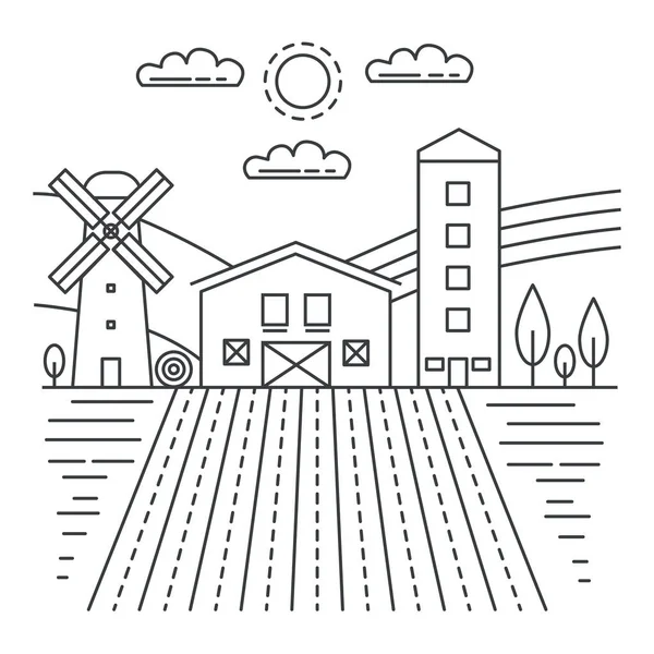 Landwirtschaft Bauernhof mit Feldern dünne Linie Konzept Logo Vorlage Vektor Illustration. — Stockvektor