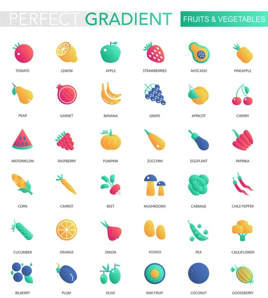 Conjunto vetorial de gradiente na moda plana Frutas e legumes ícones . — Vetor de Stock