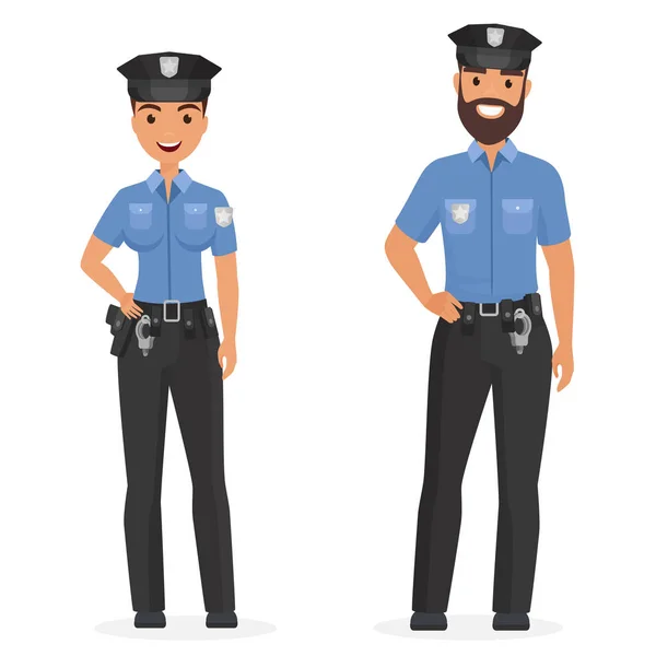 Two young happy police officers, man and woman isolated cartoon vector illustration. — Stock Vector